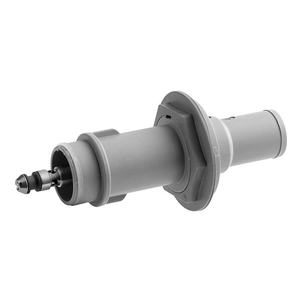 A grey plastic pipe with a metal cylinder on the end.