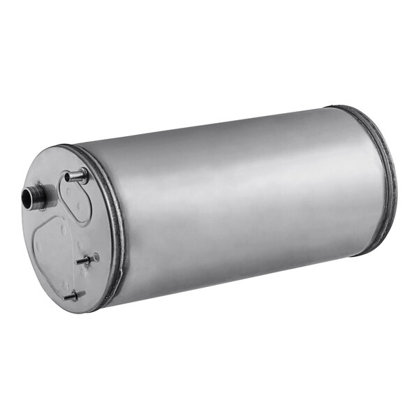 A silver stainless steel Noble Warewashing booster tank cylinder with a black band.