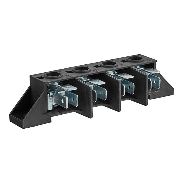 A black plastic Noble Warewashing 4-pole terminal block with metal screws.