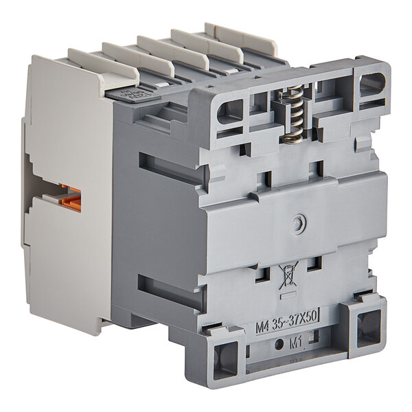 A grey and white Noble Warewashing contactor with two wires.