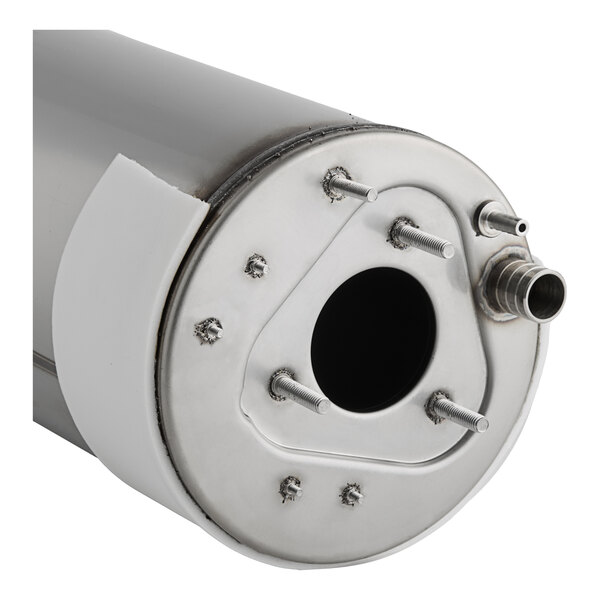 A stainless steel Noble Warewashing booster tank cylinder.