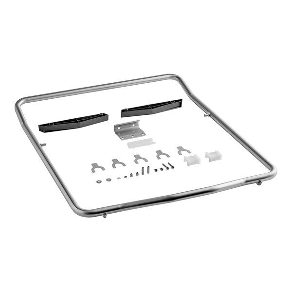 A Noble Warewashing door handle assembly with screws and bolts on a metal frame.