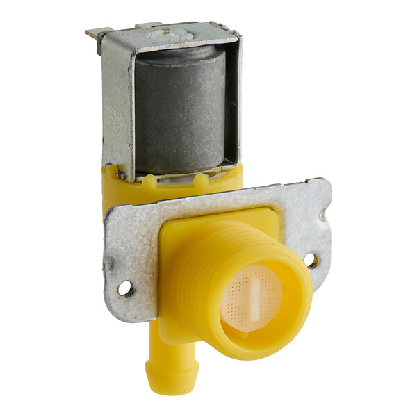 A yellow and silver Noble Warewashing solenoid valve with a round yellow cap.