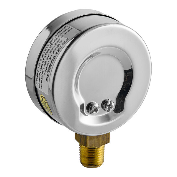 A close-up of a Noble Warewashing water pressure gauge with a stainless steel and brass design.