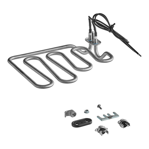 A stainless steel Noble Warewashing tank heating element with wires and screws.