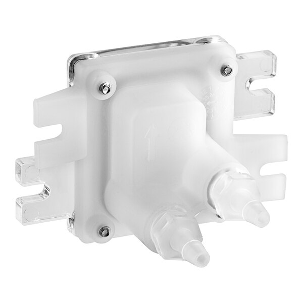 A white plastic Noble Warewashing float sight assembly with two transparent tubes.