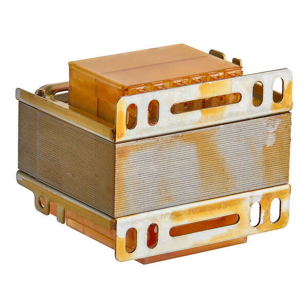 A close up of a yellow and orange metal box with the text "Noble Warewashing Transformer" on it.