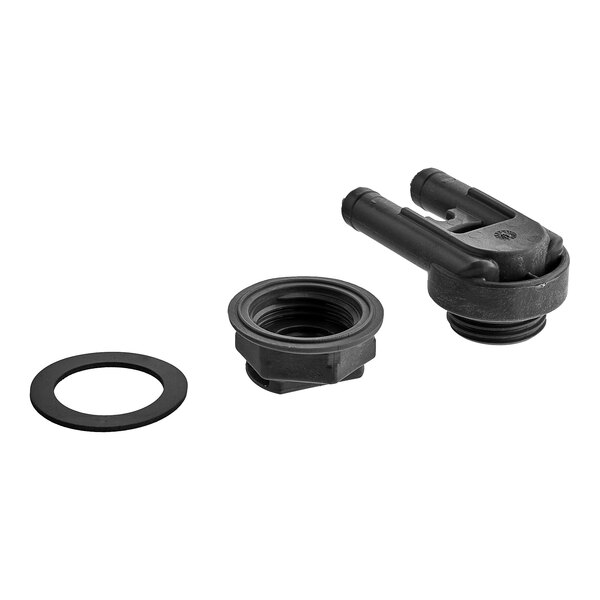 A black plastic Noble Warewashing booster vent assembly with a rubber seal.
