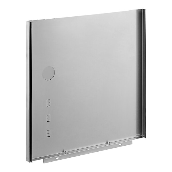 A silver rectangular front panel with labels for a dishwasher.