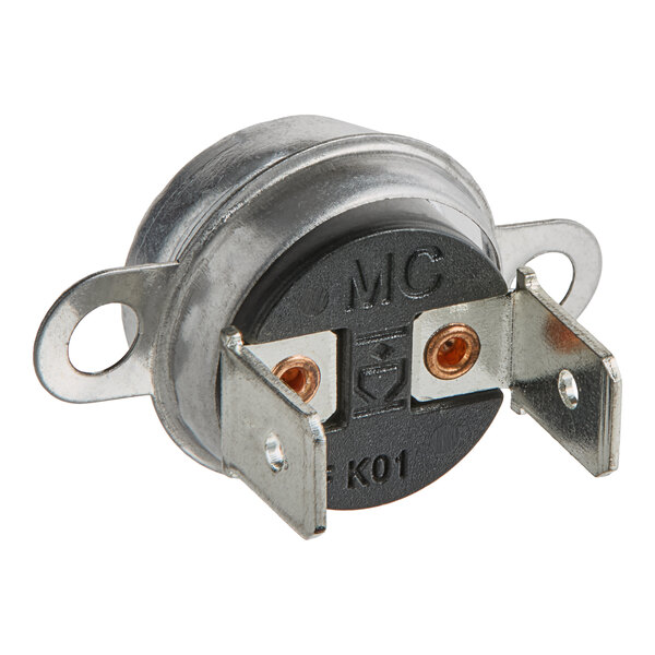 A round metal high-limit thermostat with two metal prongs and two holes.