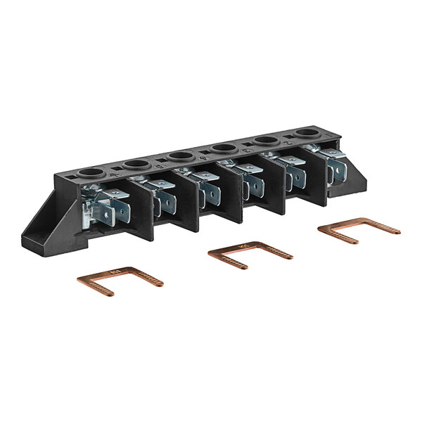 A black Noble Warewashing 6-pole terminal block with metal screws.