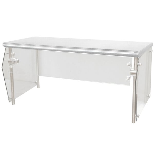 A white counter with a stainless steel shelf and a clear food shield on metal legs.