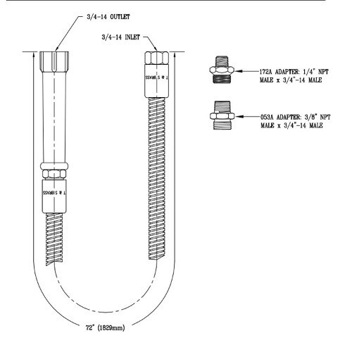 A drawing of a T&S stainless steel flexible hose with handle and adapters.
