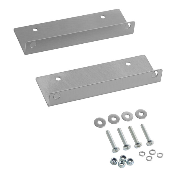 A set of two metal mounting brackets with accompanying screws, washers, and nuts for strip warmers.