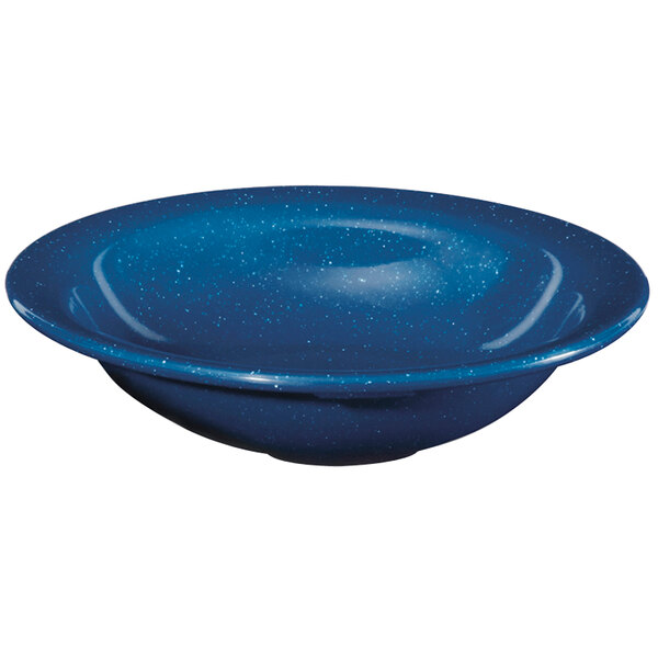 A Texas Blue melamine bowl with a speckled design.
