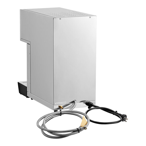 A stainless steel semi-automatic milk steamer and hot water dispenser with attached hoses and power cord.