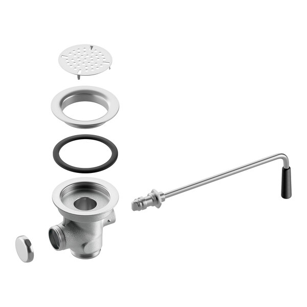 A metal twist handle waste valve with a strainer and gasket for a 3 1/2 inch sink opening.
