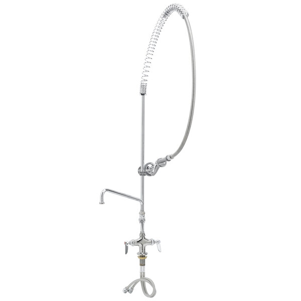 A silver T&S EasyInstall pre-rinse faucet with a curved hose.