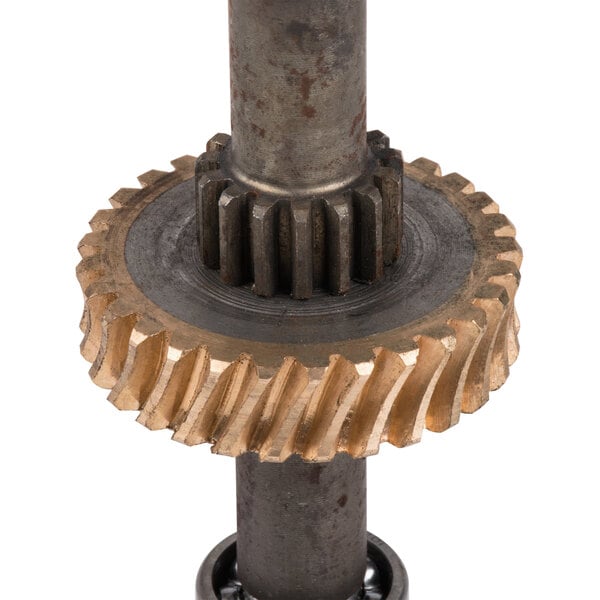 A metal and gold Worm Gear Assembly for an Avantco MX20 Mixer.