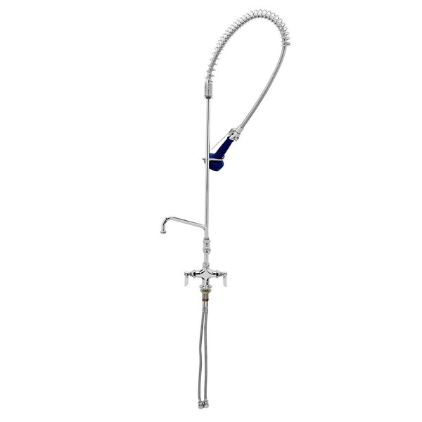 A silver T&S deck mounted pre-rinse faucet with a blue hose.