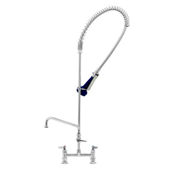 A chrome T&S pre-rinse faucet with blue accents and a hose.