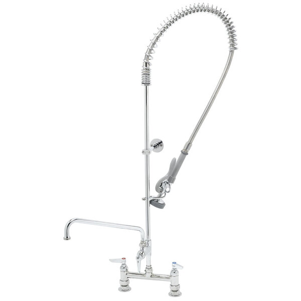 A T&S chrome pre-rinse faucet with a curved hose attached.