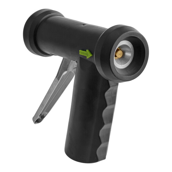 A black aluminum spray nozzle with a metal handle designed for water flow control.