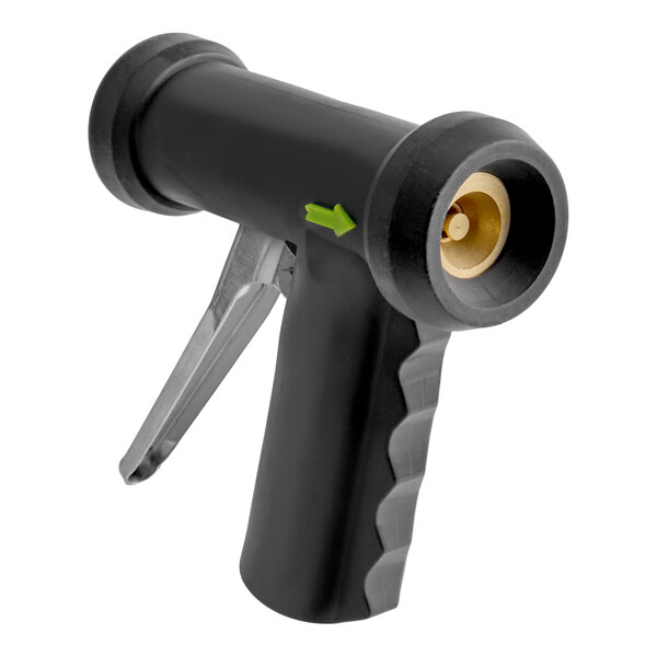 A black and brass spray nozzle with a metal handle designed for water flow control.