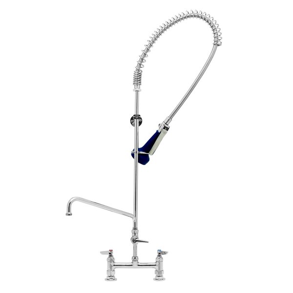 A T&S chrome pre-rinse faucet with a blue handle and hose.