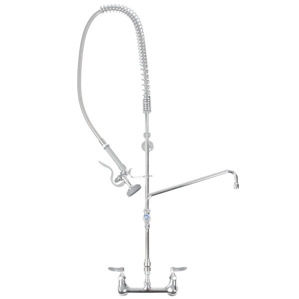 A silver T&S pre-rinse faucet with a hose attached.