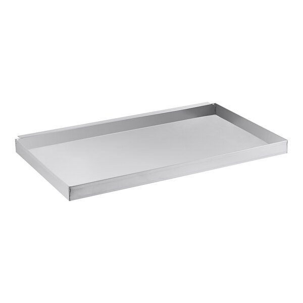 A rectangular stainless steel grease or crumb tray.