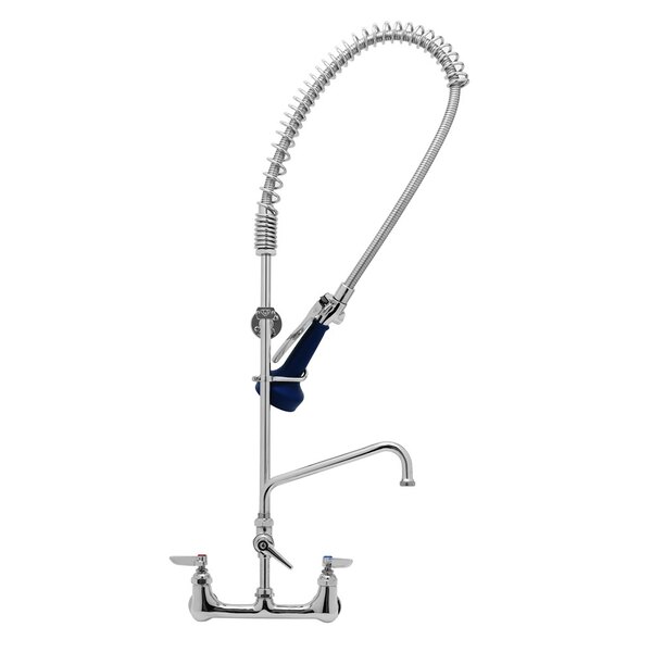 A T&S chrome pre-rinse faucet with blue ergonomic spray valve and flexible hose.