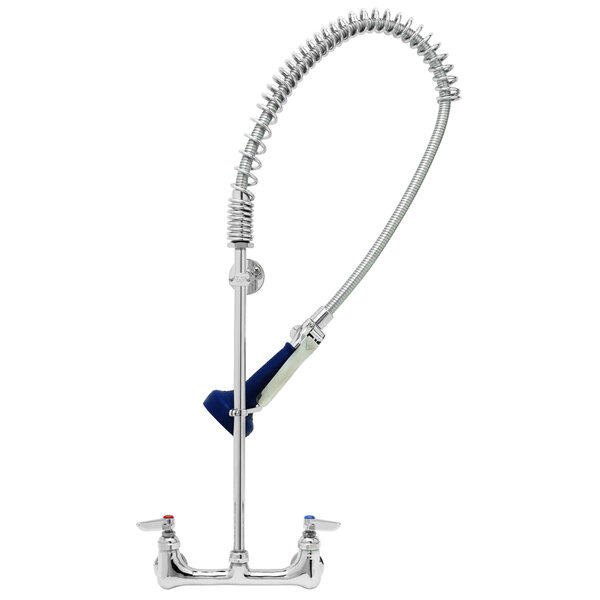 A chrome T&S pre-rinse faucet with a blue handle and hose attached.