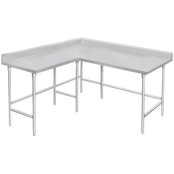 A white L-shaped corner stainless steel work table with metal legs.