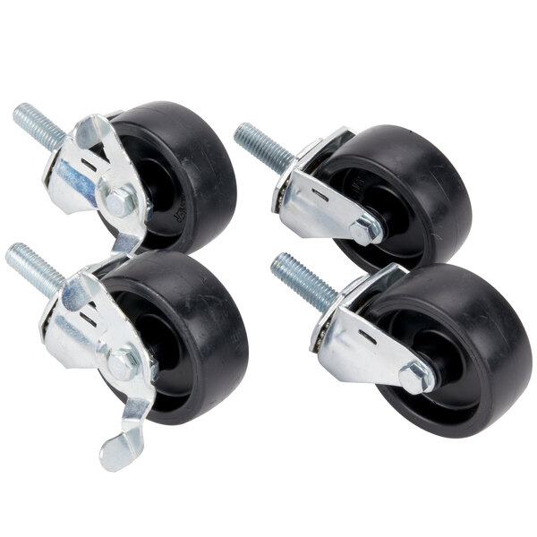 A set of four Bulman casters with black rubber wheels and metal screws.