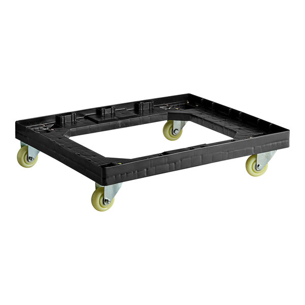 A black plastic Baker's Lane bread tray dolly with yellow wheels.