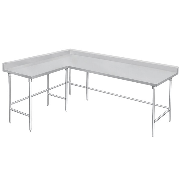 A stainless steel L-shaped corner work table with metal legs.