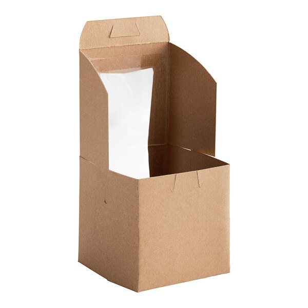 A brown cardboard box with a clear plastic window.