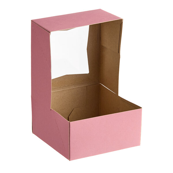 A pink Baker's Lane cardboard box with a clear window.