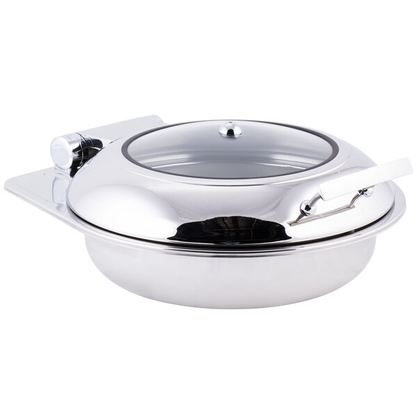 A Tablecraft stainless steel round chafer with a glass lid.