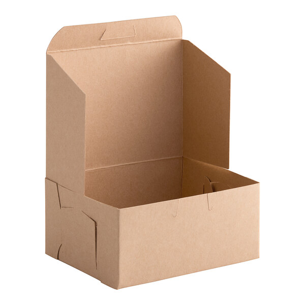 A brown Baker's Lane cake box with the lid open.