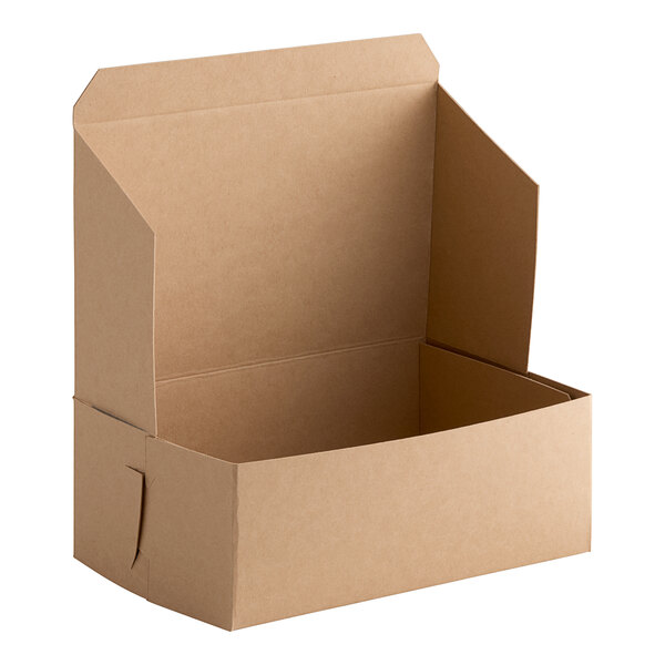 A brown Baker's Lane cake box with an open lid.