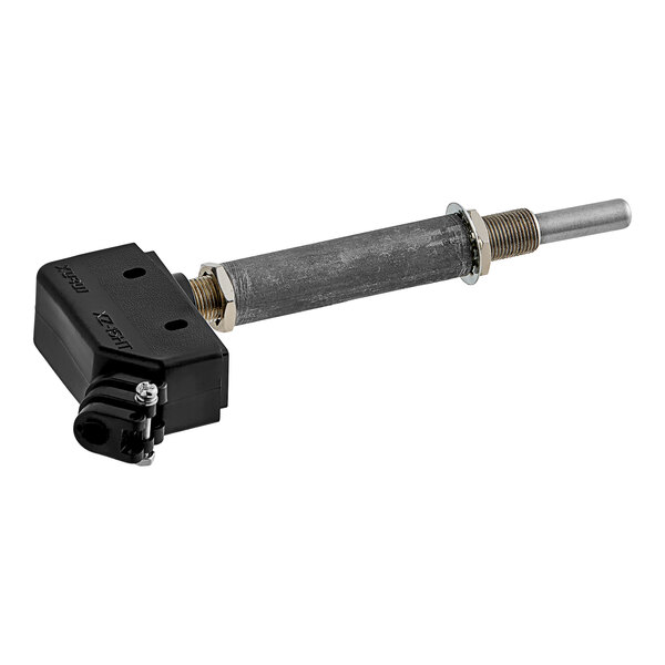 A metal pole with a black plastic object on one end.