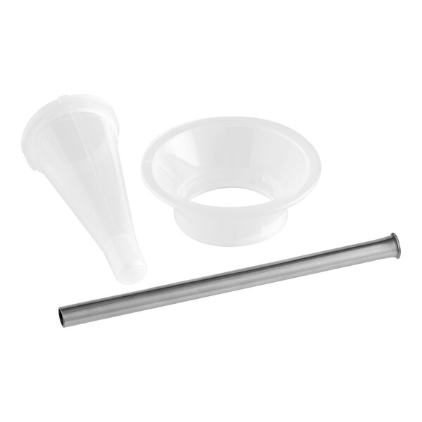 A 3/8-inch grinder stuffing tube set with a flange and funnel, designed for use with Avantco MG22R and MG22 meat grinders.