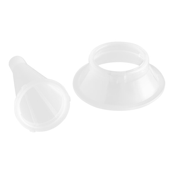 A white plastic grinder stuffing tube with a flange and funnel set.
