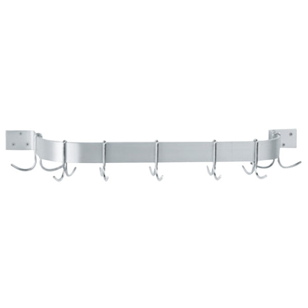 An Advance Tabco aluminum wall mounted pot rack with hooks.