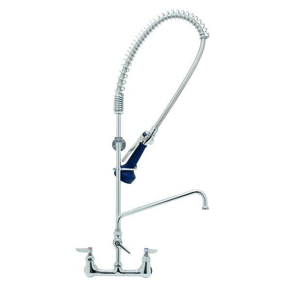 A T&S chrome pre-rinse faucet with blue handle and flexible hose.
