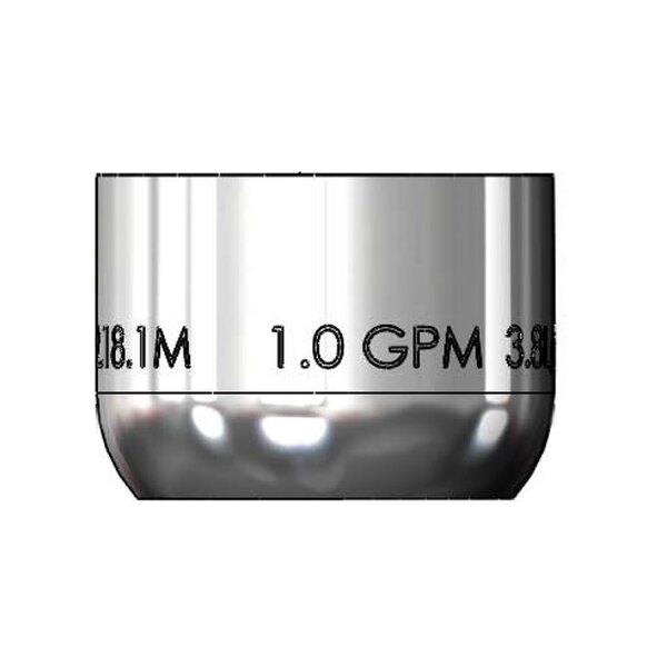 A silver cylinder with the words "1 GPM 55/64-27UN Female" on it.