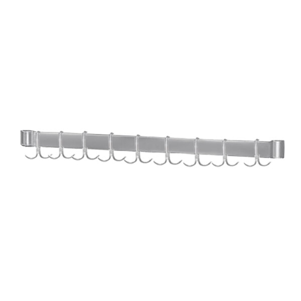 A stainless steel utensil rack with hooks on it.