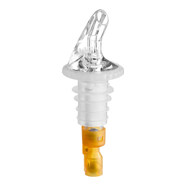 A clear and yellow measured liquor pourer with a spout and no collar.